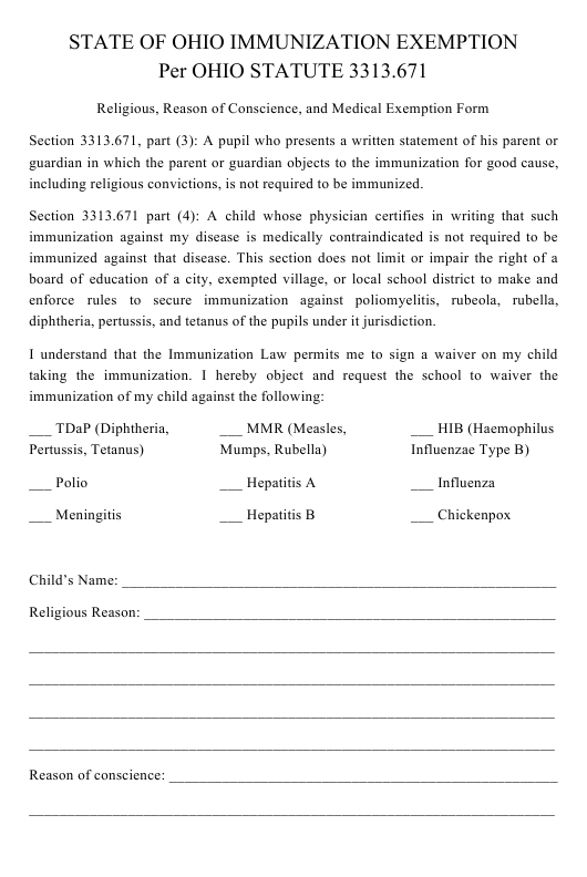 Vaccine Exemption Form Ohio NEVACIE