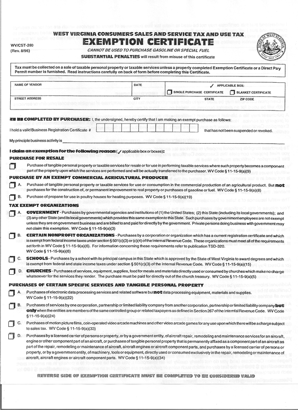 West Virginia Tax Exemption Certificate Form