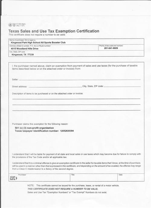 Wrestling Tax Exempt Form